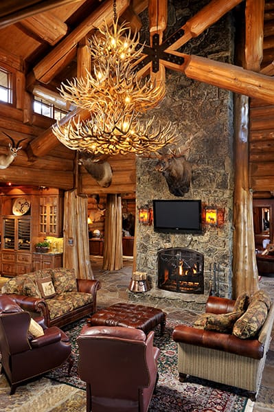 Living room with antler chandeliers